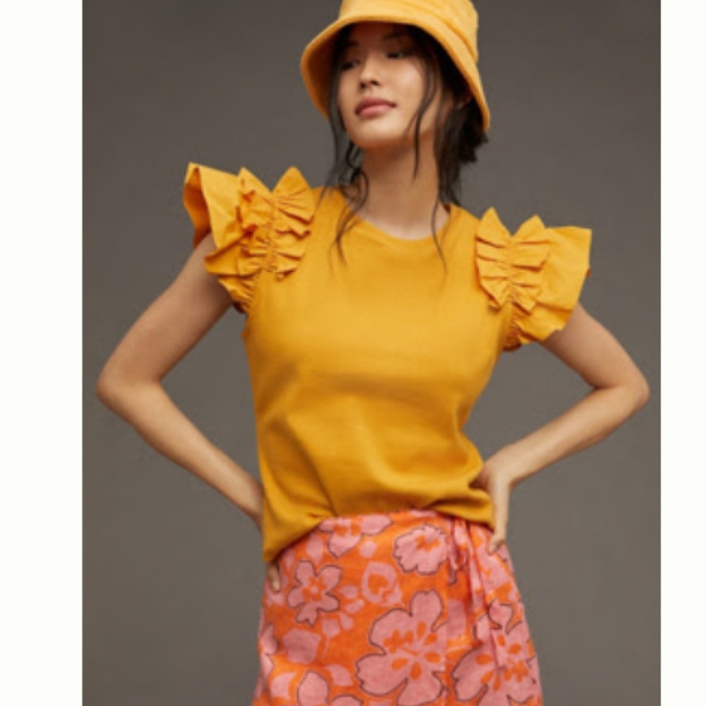 Anthropologie Golden Flutter Sleeve Ribbed Top